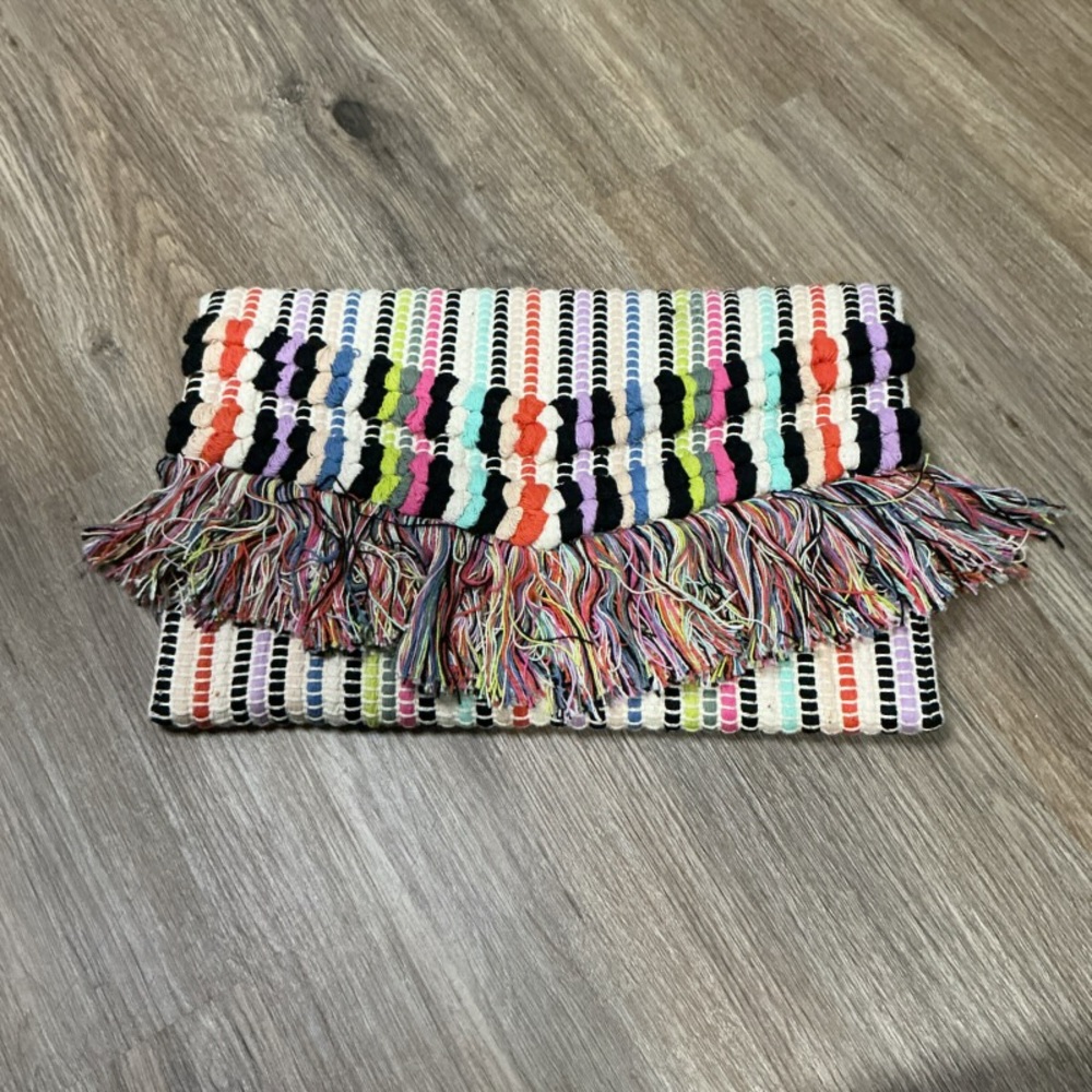 Stella & Dot Taj Clutch Boho Fringe Woven Rainbow Envelope Bag EUC